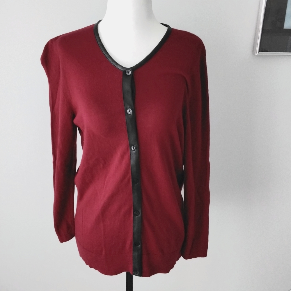 Burgundy cardigan with faux leather trim